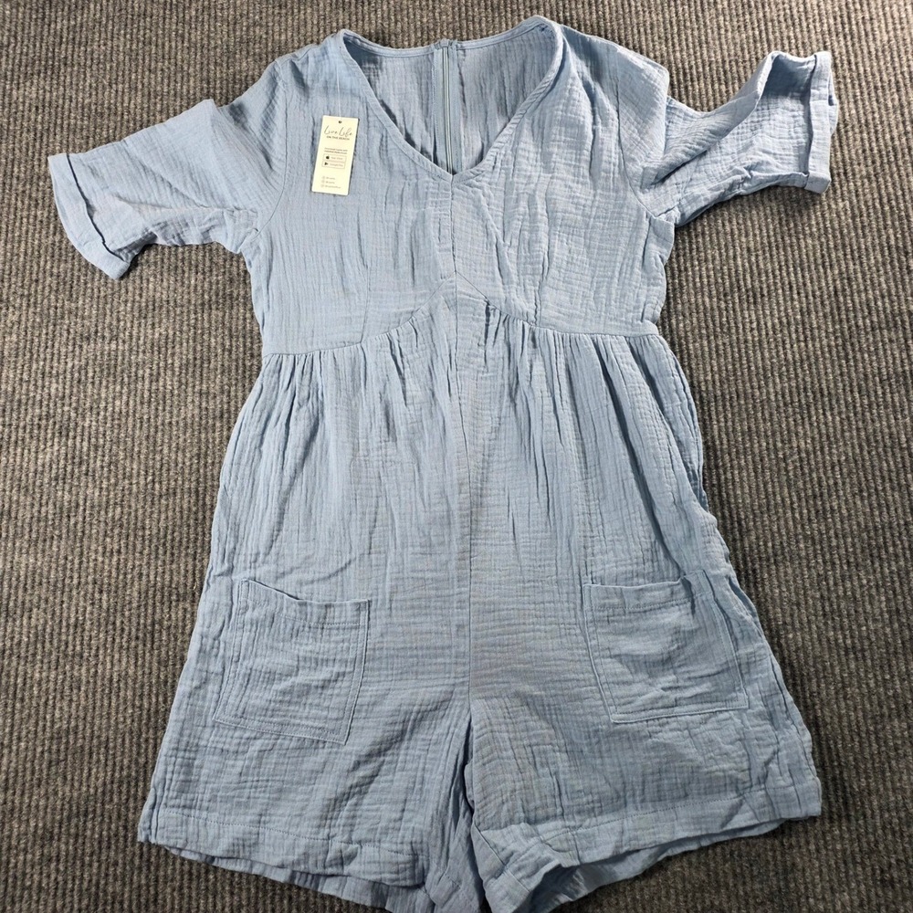 Cupshe Blue Cotton Gauze Romper V-Neck Short Sleeve Pocket Jumpsuit‎